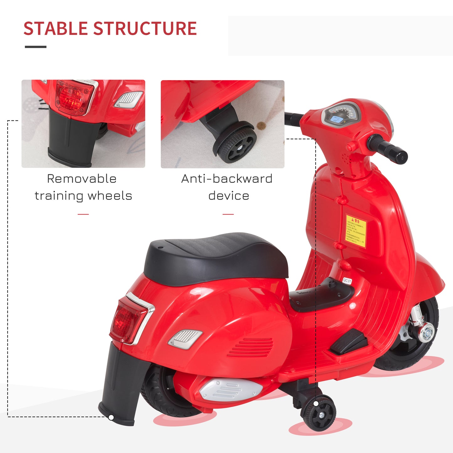 Vespa Licensed Kids Ride On Motorcycle 6V Battery Powered Electric Trike Toys for 18-36 Months with Horn Headlight Red | HOMCOM-4