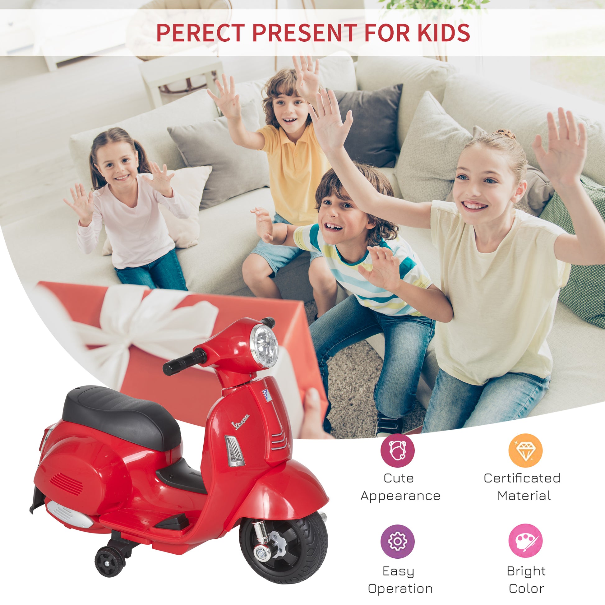 Vespa Licensed Kids Ride On Motorcycle 6V Battery Powered Electric Trike Toys for 18-36 Months with Horn Headlight Red | HOMCOM-2